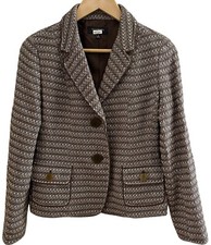 Talbots Button Up Blazer Tweed Brown White Pockets Lined Wool Blend Jacket -6-