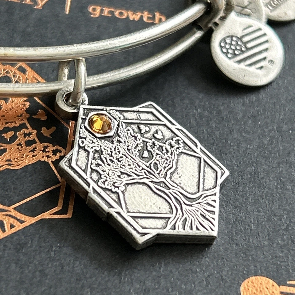 Alex and Ani "TREE OF LIFE" Prata Âmbar Swarovski Berloque Aj Pulseira com Cartão Novo com etiquetas - Imagem 2 de 4
