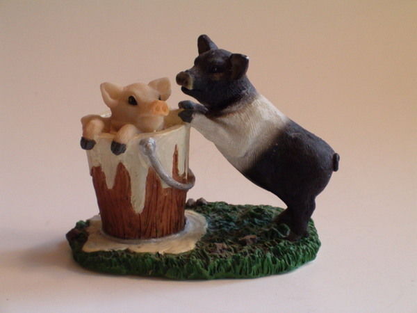 Young China Stone Resin Figure Pigs Hogs in Paint Bucket