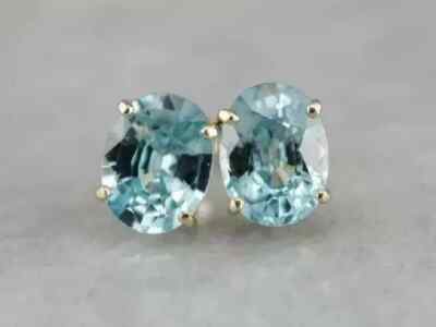 3Ct Oval Lab Created Aquamarine Solitaire Stud Earrings 14K Yellow Gold Plated