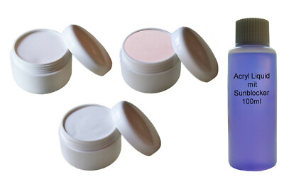 3x 20g Acryl Pulver / Puder Klar / Weiß / Rose + 100ml Liquid Acryl Set