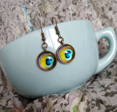 Small Colorful Peacock Themed Feather Pattern Gift Jewelry Statement Earrings 