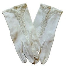 Vintage Womens White Cotton Gloves W/ Beads Hand Stitched Size Small
