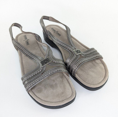 Minnetonka Galina Metallic Pewter Leather Braided Trim Sz 12N Slingback Sandals