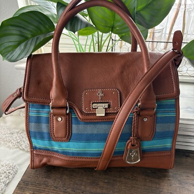 Vintage Cole Haan Valise Leather Canvas Brooke Small Flap Tote Blue/Woodbury