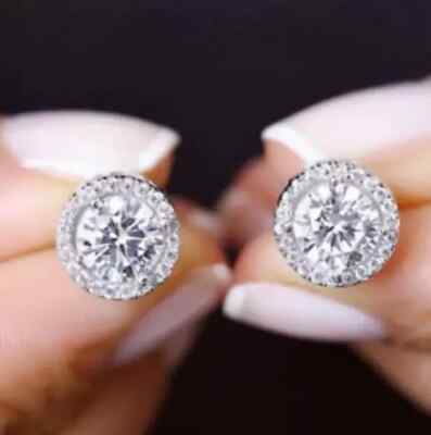 4Ct Lab Created Diamond Push Back Halo Pretty Stud Earring 18K White Gold Finish