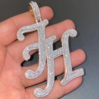 3.50Ct Round Cut Moissanite Customize Letter ''JH'' Pendant 14K Yellow Gold Plated