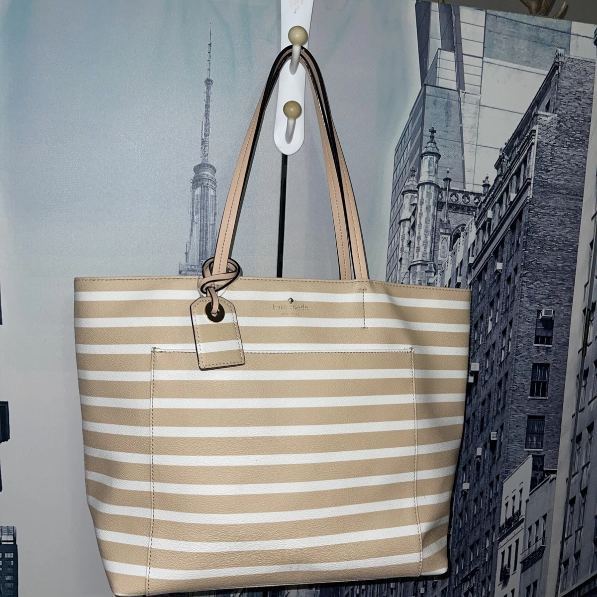 Kate Spade New York Tan White Stripes Exterior Pocket Large Tote Purse