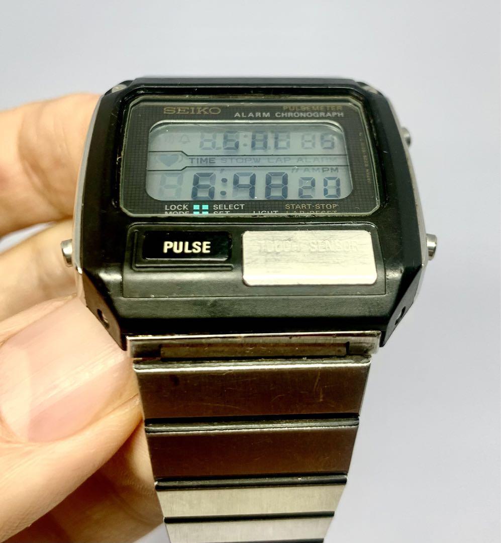 SEIKO ALARM CHRONO PULSE METER Vintage Silver Black Mens Watch  