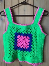 Hand Crochet Vest Sz S/M Teen Women Granny Square Blk/Gray/White Button front