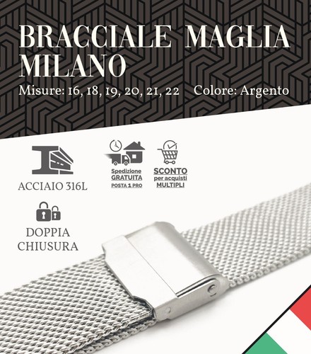 bracciale acciaio cinturino maglia milano 16 18 19 20 21 22 mm orologio vintage - Foto 5 di 12
