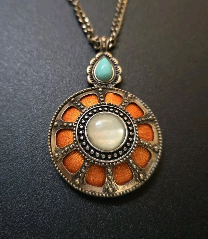 Lucky Brand Brass Plate Mother Of Pearl & Faux Turquoise Pendant Necklace - Image 2 of 4