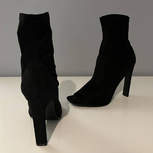 Public Desire Black Faux Suede Peep Toe Heels Ankle Boots Slide On Size 7 - Picture 4 of 4