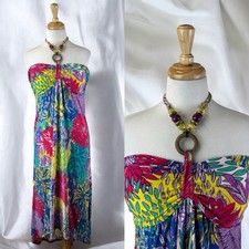 Colorful Flower High Low Halter Sundress Beaded Y2K Boho Hippie Festival Artsy M