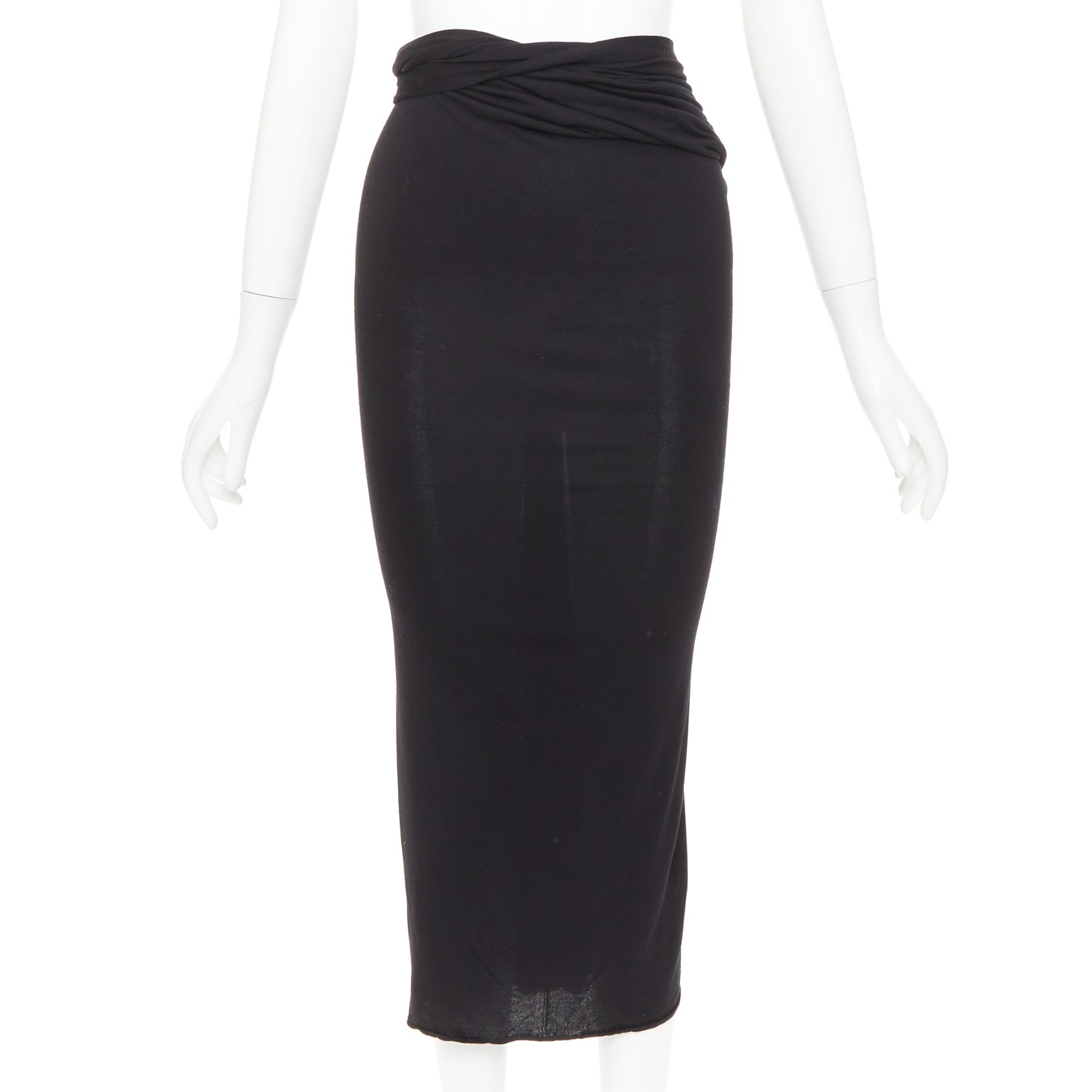 GIVENCHY black twist draped waist jersey high pencil midi skirt XS