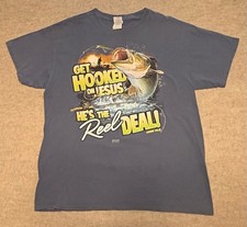 Religious Get Hooked On Jesus He's The Reel Deal T Shirt Men's Large Blue