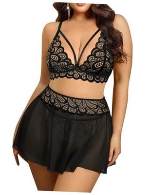 Sexy Floral Lace Mesh Sheer Lingerie Set 3 Piece with 3X-Large Bowless  Black | eBay
