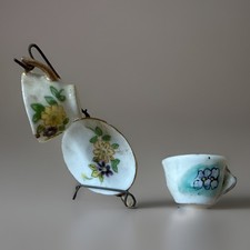 Vintage Miniature Dollhouse Porcelain Tea Set 2 Cups Saucer  Stand    