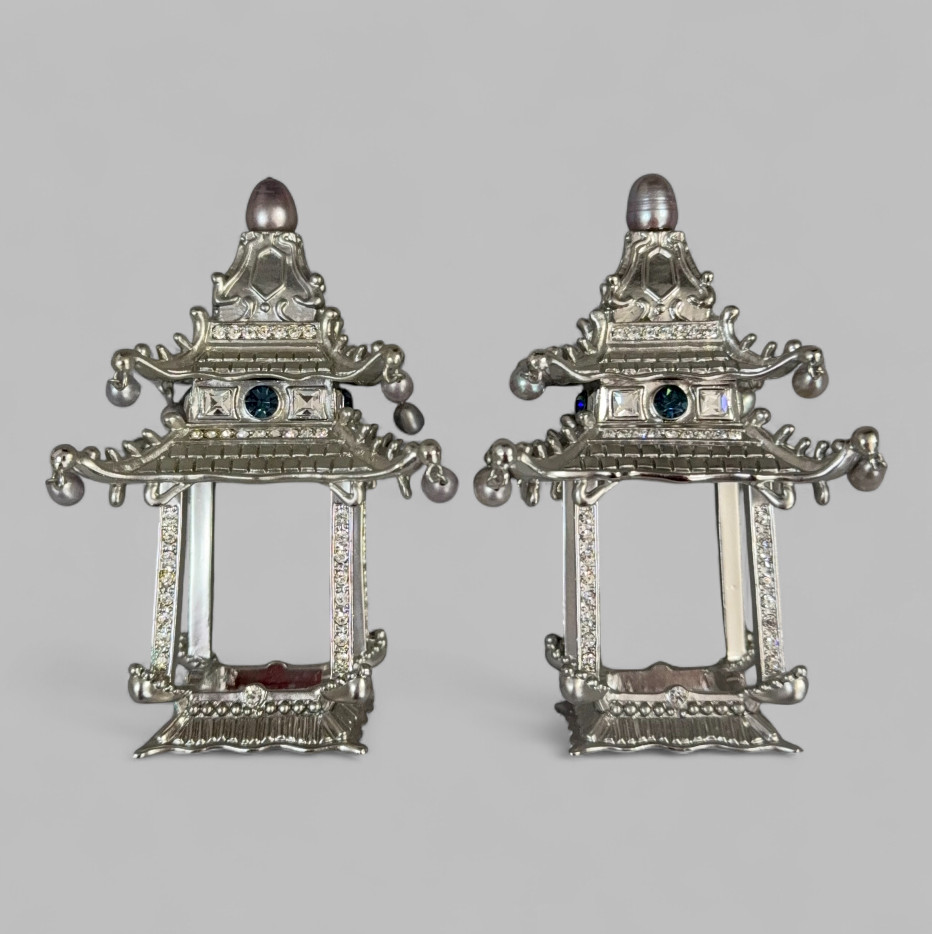 Set of 8 L’OBJET Pagoda Napkin Jewels Holders Silver Plated Crystals Pearls READ