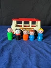Vintage Fisher Price Little People Mini-Bus Red Top Van with 5 Wooden Figures