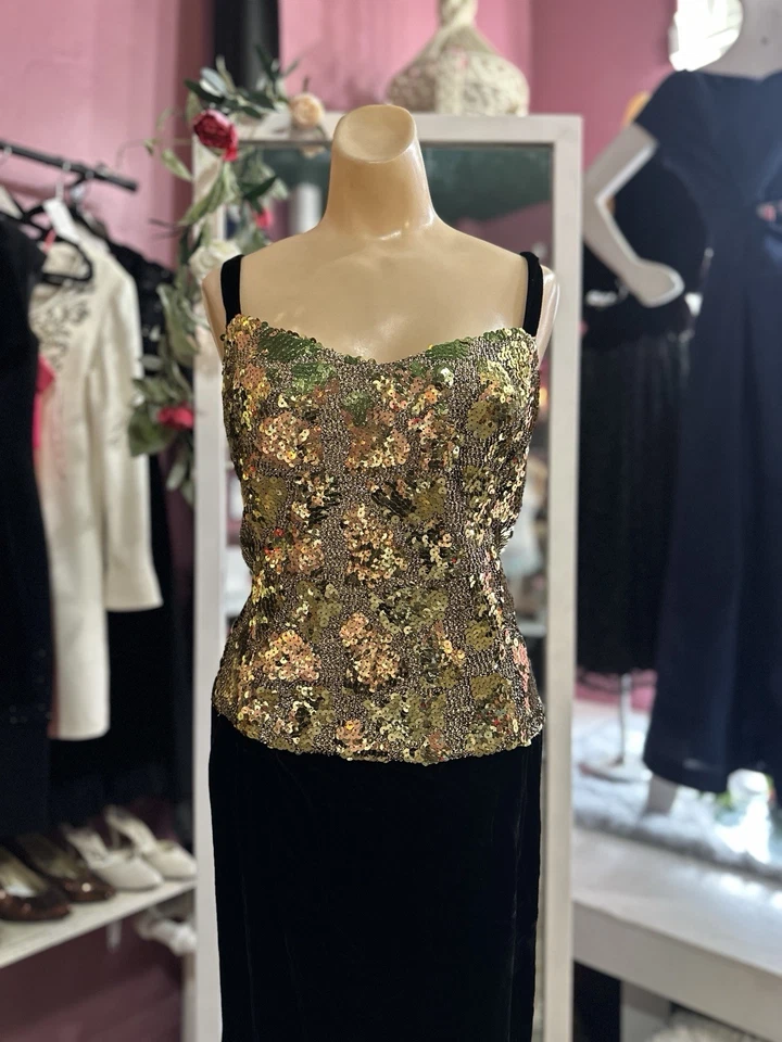 Vintage 80s 90s Black Velvet Gold Sequined Maxi Formal Evening Dress NYE 1X - Image 3 of 4