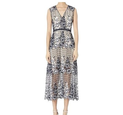 Monique Lhuillier Two Tone Lace Tea Length Midi Dress Black Nude| 14