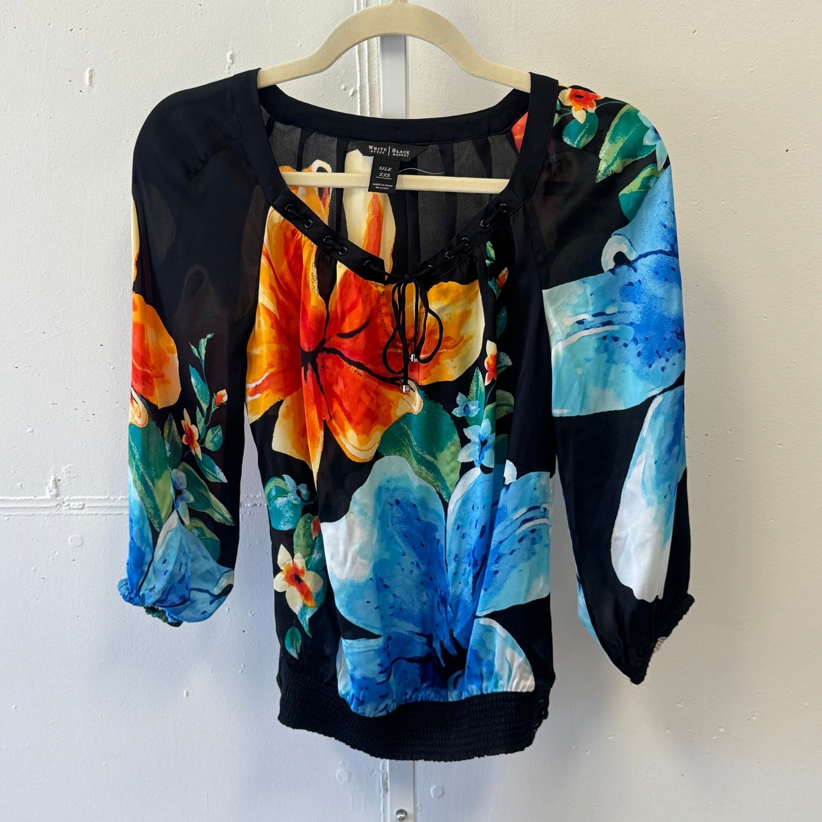 Y2K White House Black Market Silk Floral Blouse XXS Black Blue Lace Up Top
