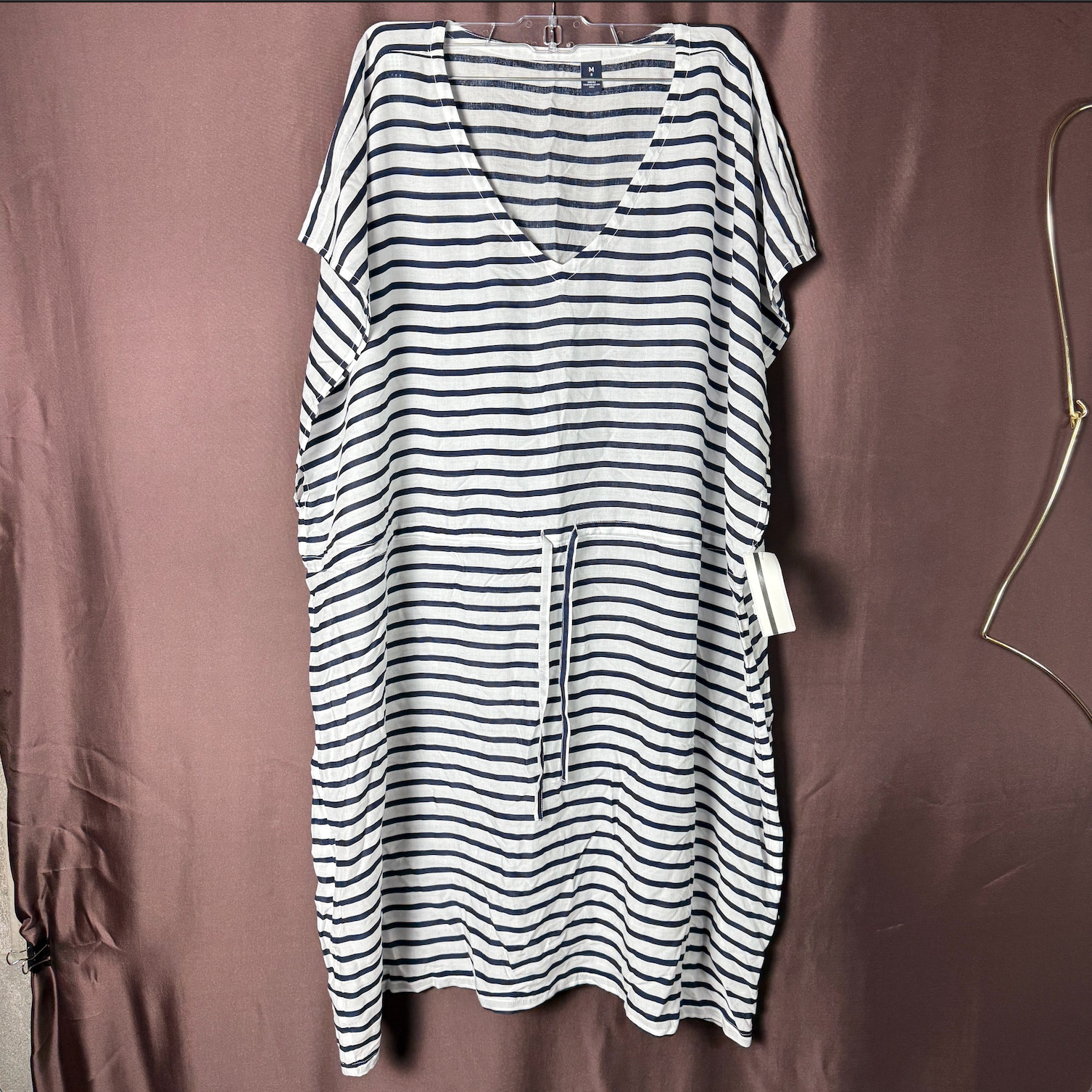 Lands' End Women's M LONG Short Sleeve Gathered Waist Swim Cover-up Dress
