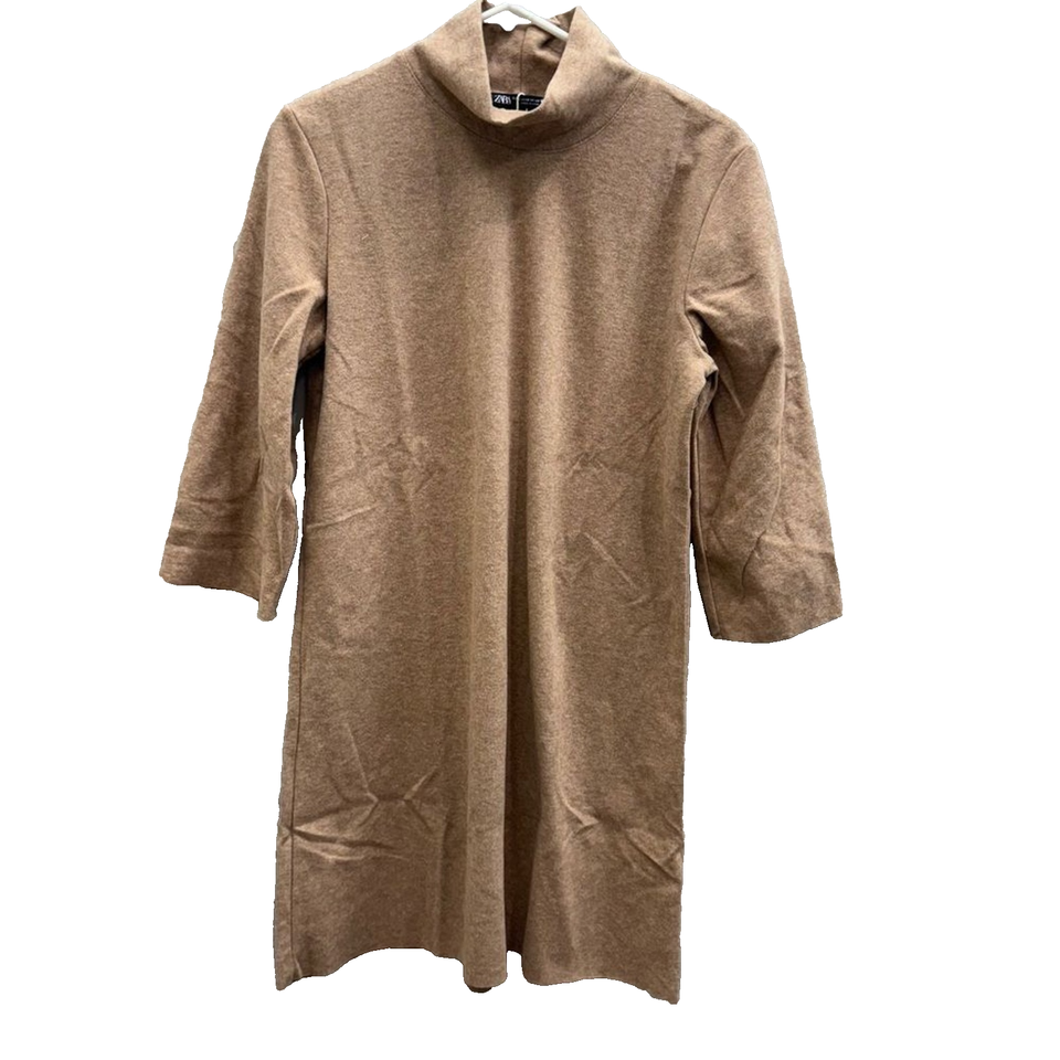 Tangent Bell Zara NWT Knit Dress Medium Tan Mock Neck Flared Bell Sleeve Mini Fall ...
