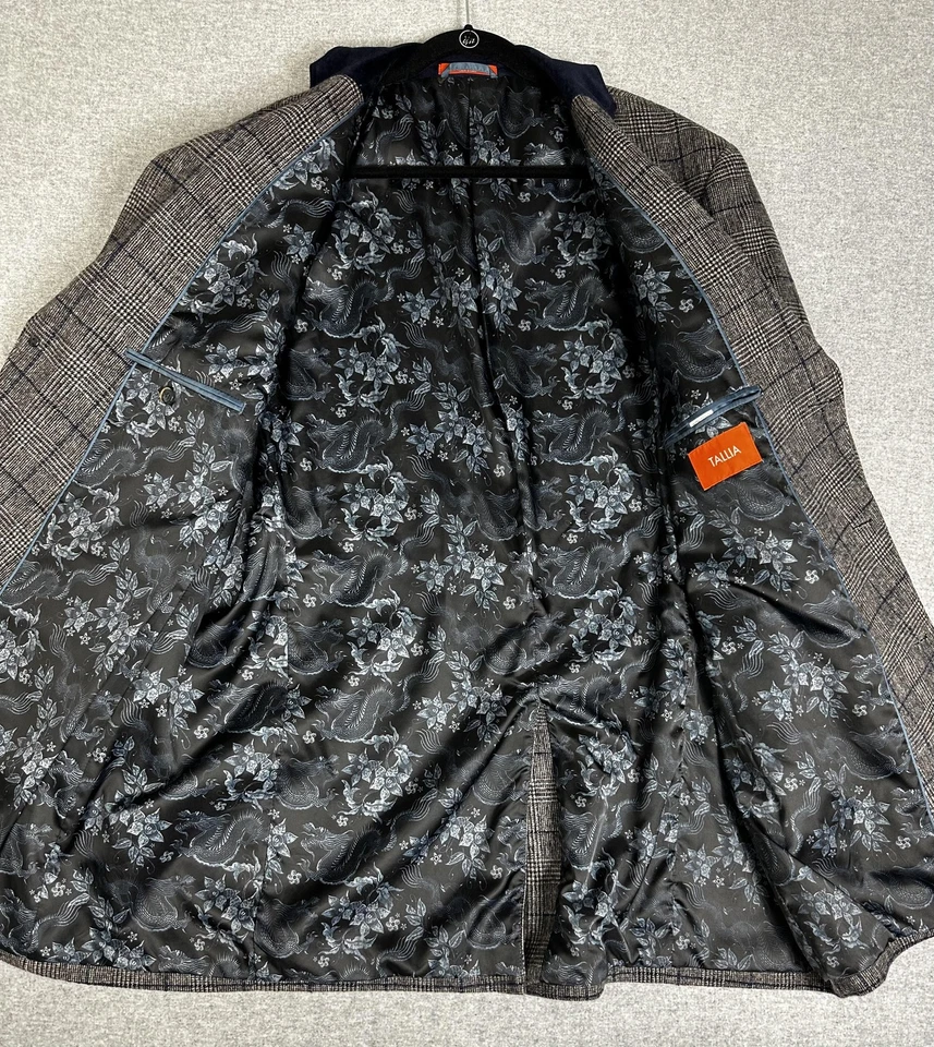 Abrigo Largo Tallia Hombre XL Mezcla de Lana a Cuadros Cuello Terciopelo Azul Pesado Clásico Forrado Foto 2 de 4