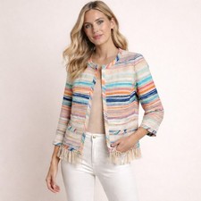 Trina Turk Multicolor Tweed Fringe Jacket Open Front Boho Blazer Size 2 Small