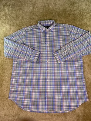 Ralph Lauren Shirt Mens 2XLT Blue Check Long Sleeve Classic Oxford Polo E579