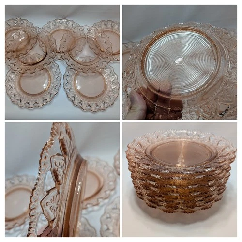 RARE PINK Depression Glass TRIANGLE & HEARTS Old Colony Dinner Plate Set Of 7