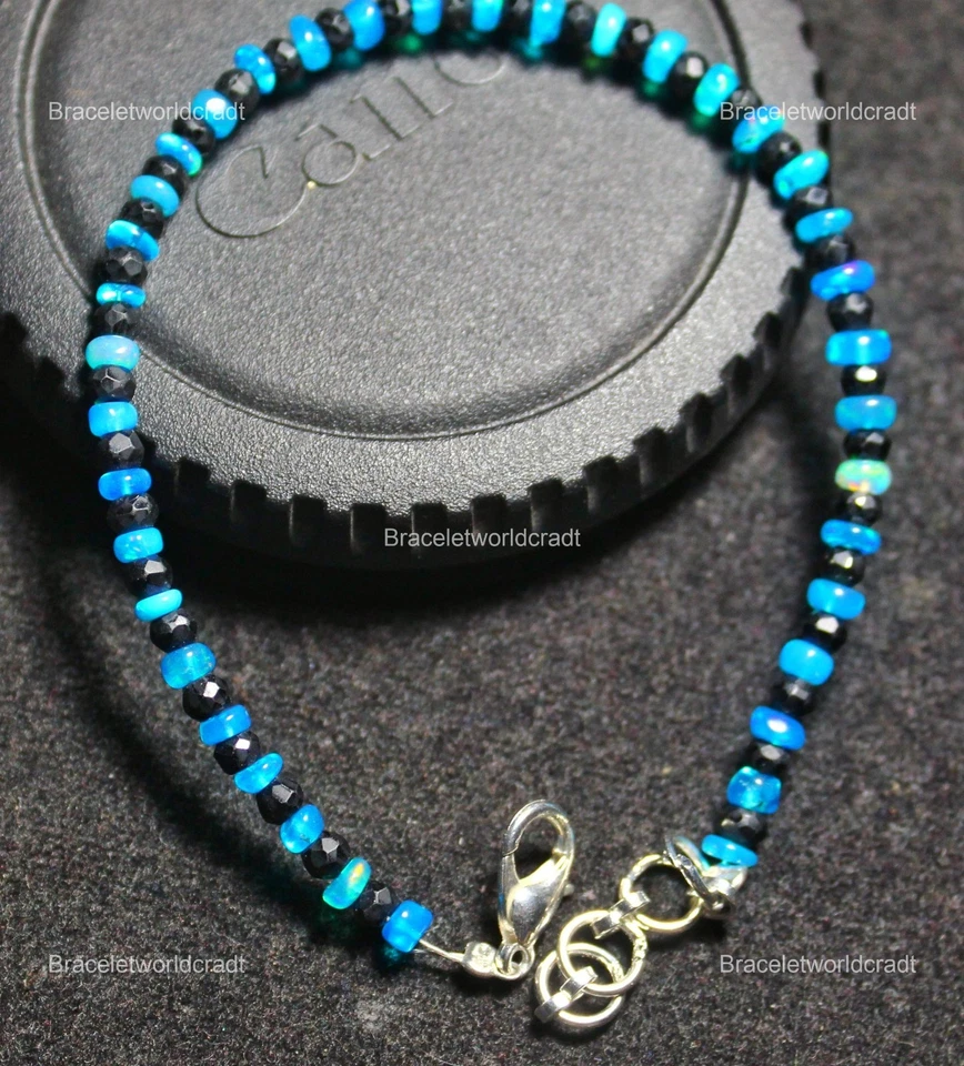 Pulseira corrente turmalina preta pedra preciosa opala etíope Rondelle prata esterlina - Imagem 3 de 4