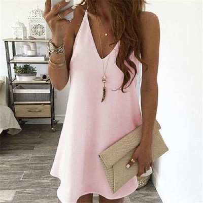 Ladies Sundress Boho Summer Beach Strappy V Neck Womens Dress  Plus Size