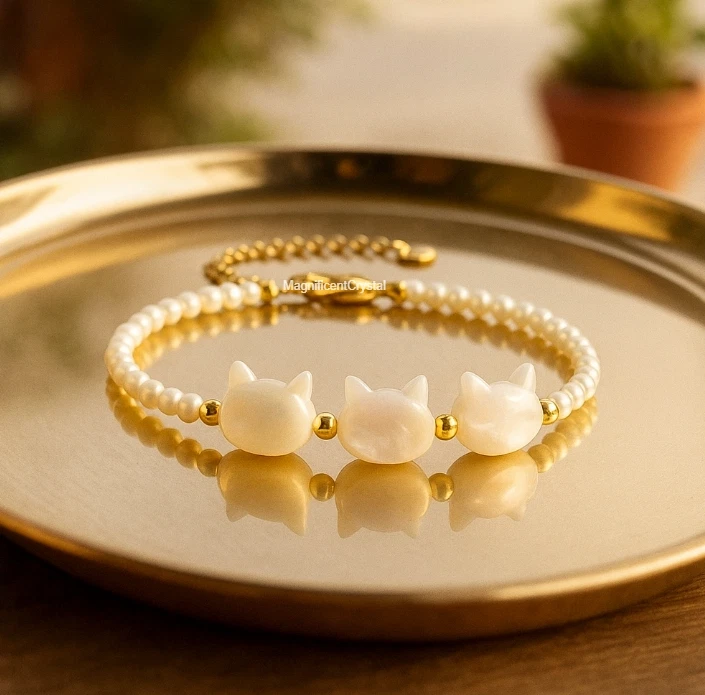 Pulsera madreperla gato perla agua dulce mujer joyería delicado cristal regalo Foto 2 de 4