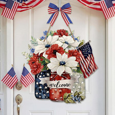 4Th of July Welcome Door Decoration Patriotic Wooden Sign Memorial Day Front Doo