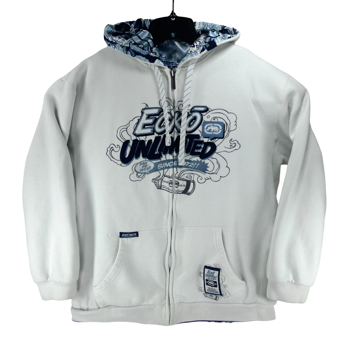 Ecko unltd Mens Blue White XL Graffiti Reversible Hoodie Writing All Wrongs  | eBay