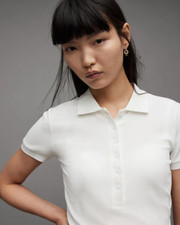 All Saints Womens White Hallie Polo Shirt Designer Ribbed Slim Fit T-Shirt Tee
