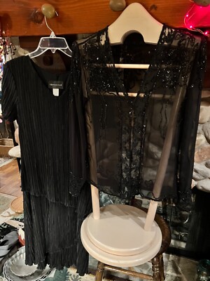CONNECTED APPAREL 2 Piece Ladies Black Accordion Fabric Sheer Beaded Jacket SZ10