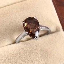 Natural Smoky Quartz Ring, Pear Solitaire Ring, 925 Sterling Silver