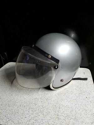 1973 cool motorcycle helmets Vintage 1973 Silver Motorcycle Helmet with Bubble Face Shield / Visor