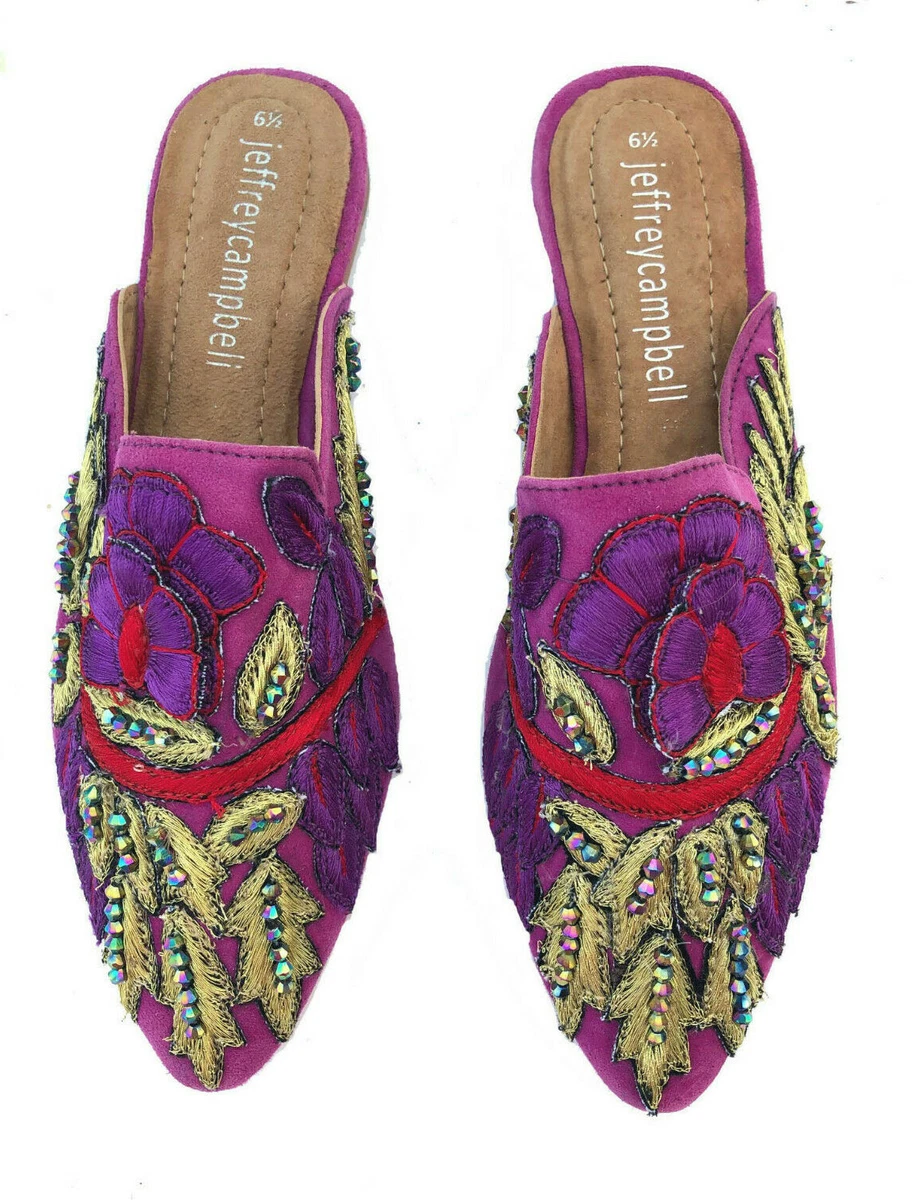 Jeffrey Campbell Purple suede gold embroidered beaded slip on