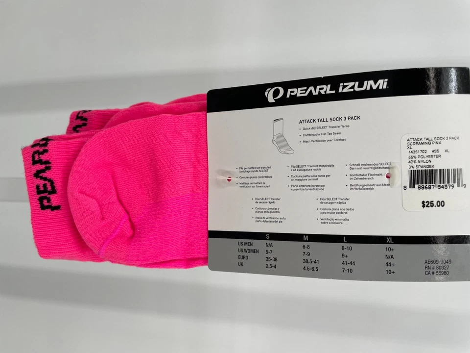 Paquete de 3 calcetines altos Pearl Izumi Attack talla XL rosa gritando secado rápido hechos en EE. UU. Foto 2 de 4