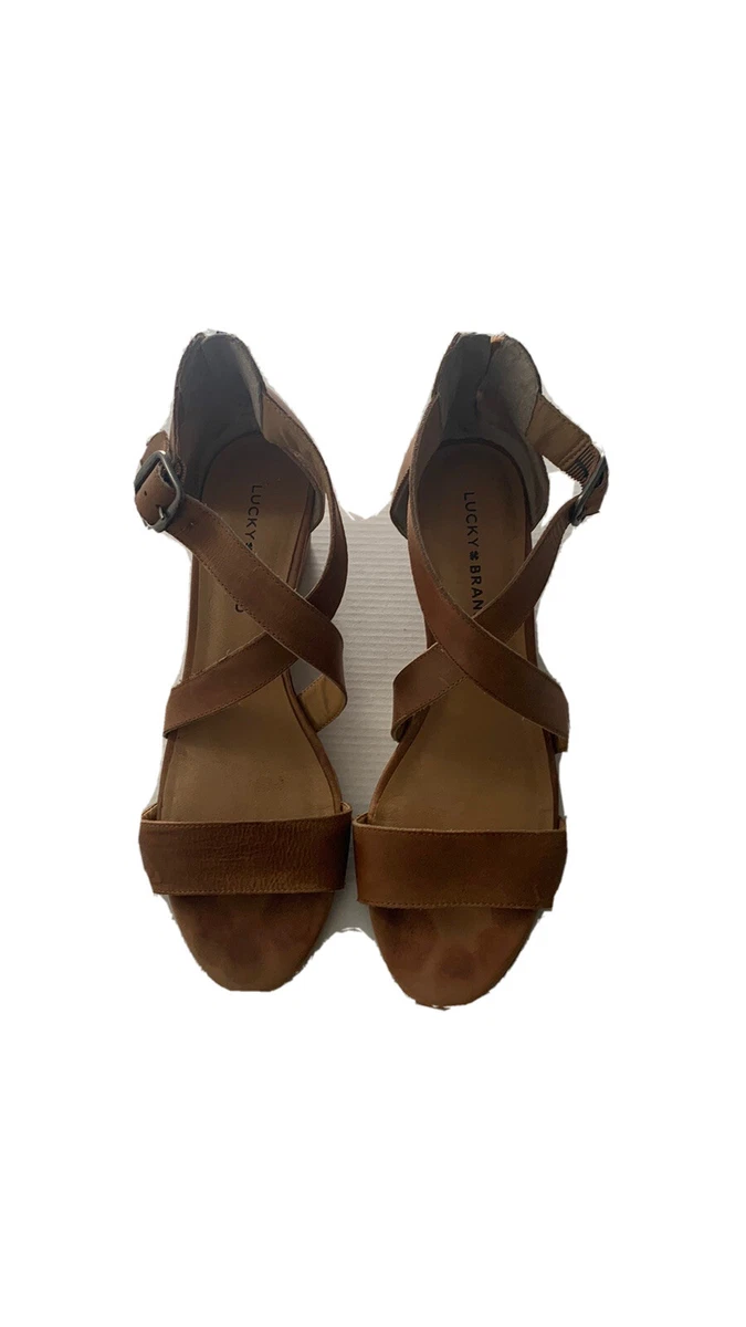 LUCKY BRAND Jenley Criss Cross Leather Wedge Sandals Brown Size 10