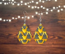 Gray and Yellow Abstract Tear Drop Earrings Dangle Jewelry