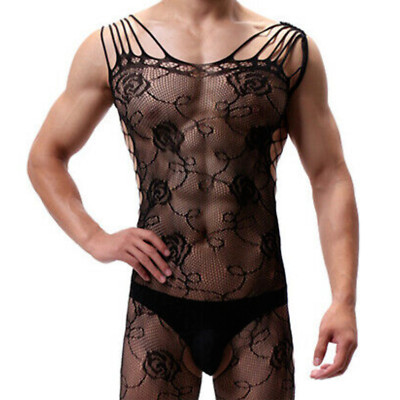 Spitze Dessous Herren Unterwäsche Body gemustert Strümpfe sexy Netz Netz Rosen