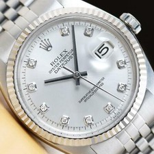 ROLEX MENS DATEJUST SILVER DIAMOND DIAL 18K WHITE GOLD STAINLESS STEEL WATCH