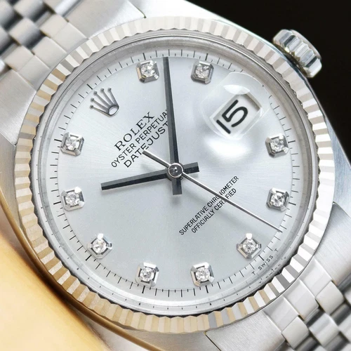 ROLEX MENS DATEJUST SILVER DIAMOND DIAL 18K WHITE GOLD STAINLESS STEEL WATCH