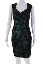 Elie Tahari Womens Sequin V-Neck Sleeveless Zip Up Mid-Calf Dress Black Size 0